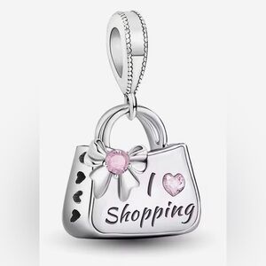 Silver & Pink Sparkle “I 🩷 Shopping” Dangle Shopping Bag Charm